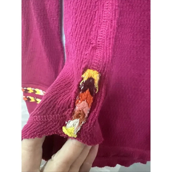 Free People Womens Sz S Embroidered Thermal Henley Top Waffle Knit Top Rainbow - Picture 4 of 12